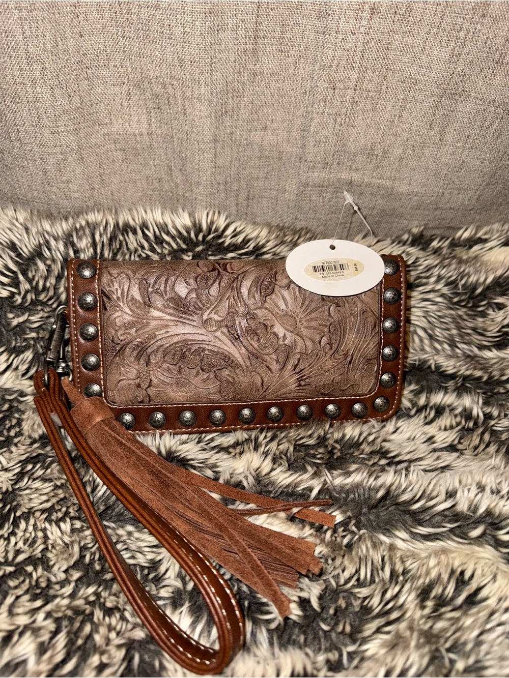 Blazin Roxx Brown Tooled Leather Wristlet with Tassel and Studs